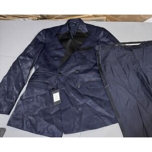 Cerruti 44R Jaquard Knit Double Breasted Jacket Navy Blue Suit Pants New Italy